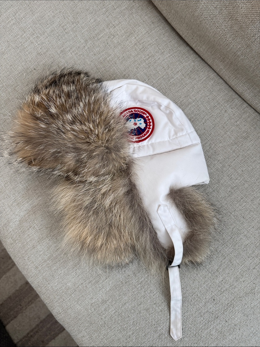 Canada Goose White Aviator Hat with Natural Brown Fur Trim